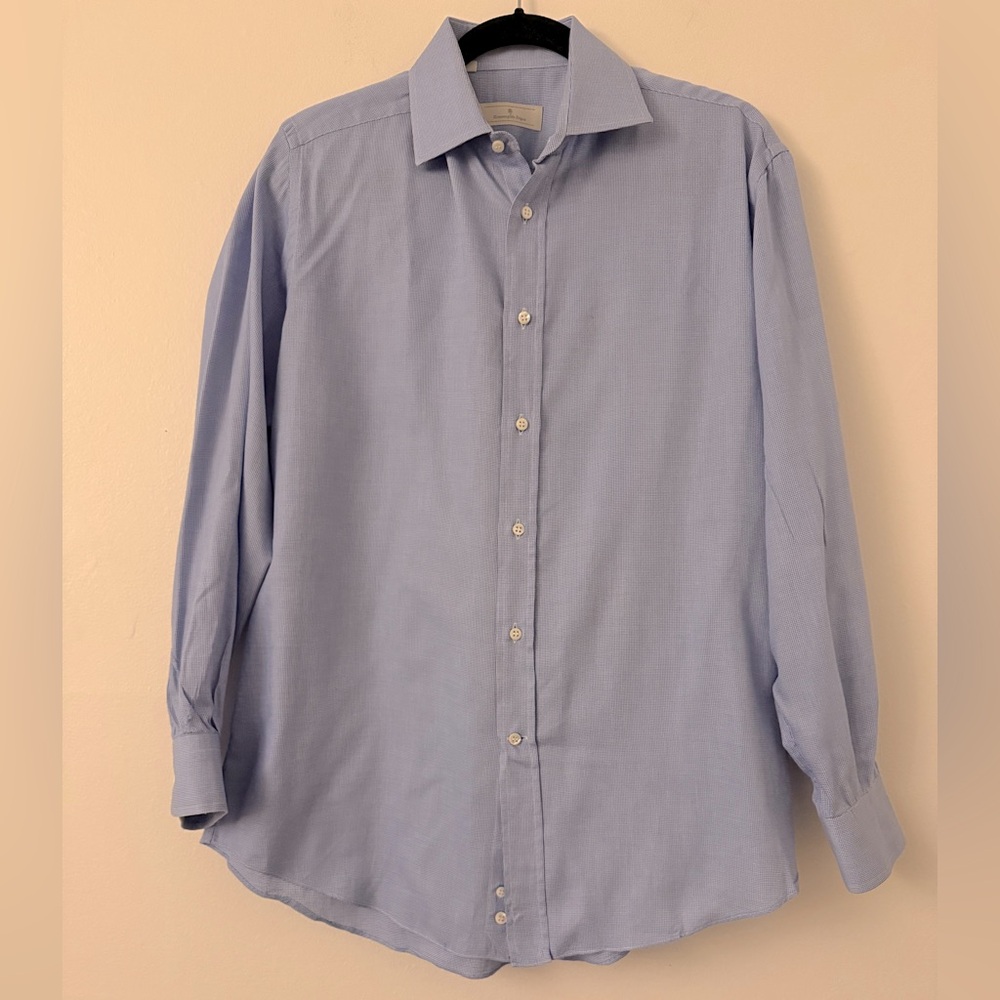 Ermenegildo Zenga men’s tailored light blue gingham long sleeve  (15 1/2 x 34)